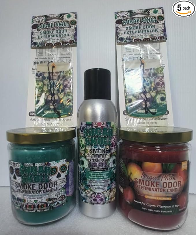 Smoke odor Exterminator Sugar Skull, Includes One 13 oz Jar Candle of Sugar Skull & one Candle of Sugar Plum one 7 oz Spray & Two Car Hangers All (5) Items in One Bundle. - sugar skull candle holder