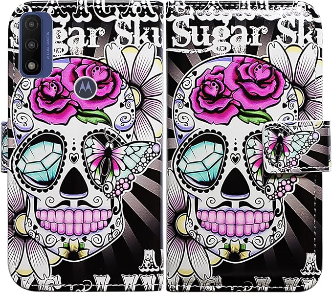 Bcov Motorola Moto G Pure & Power Leather Flip Case, Purple Flower Sugar Skull, Wallet Cover with Card Slot Holder, Magnetic Lock, Kickstand for Moto G Pure 2021 & G Power 2022 - sugar skull wallets for women