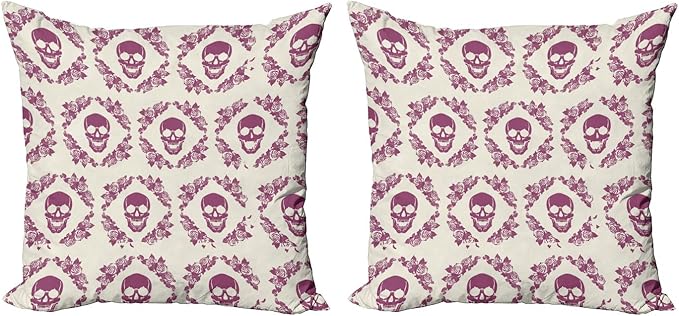 Ambesonne Sugar Skull Throw Pillow Cover Set of 2, Monochrome Style Calavera Inspired Surround by Circular Floral Wreath Print, Decorative Square Covers for Couch Bed & Sofa, 20"x20", Fuchsia Cream - sugar skull wreath for front door