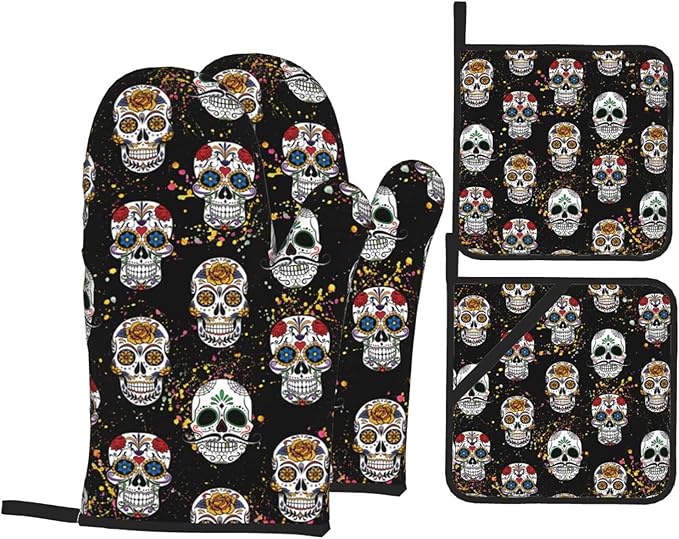Day of The Dead Sugar Skull 4Pcs Oven Mitts and Pot Holders Sets, Kitchen with Soft Quilted Cotton Lining utensils set for Cooking Baking Grilling Decorations, One Size - sugar skull oven mitts
