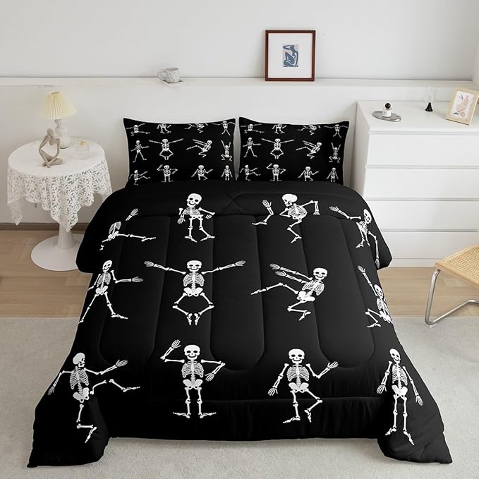 Erosebridal Sugar Skull Comforter Set Full Size Skeleton Bones Bedding Set for Kids Boys Girls Teens Adult Halloween Horror Theme Down Comforter Gothic Spooky Duvet Sets with 2 Pillow Cases - sugar skull throw pillow