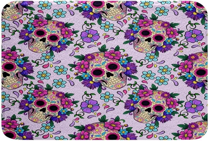 Erosebridal Sugar Skull Bathroom Rugs,Colorful Boho Floral Area Rug 16"X24",Skeleton Halloween Door Mat Fleece Fabric,Multicolor Gothic Bone Flower Shower Mat Desk Mat,Machine Washable Rug - sugar skull toilet mat set