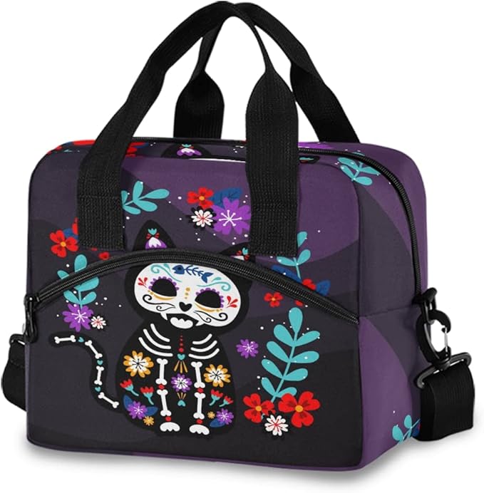Cat Sugar Skull Lunch Bag, Insulated Lunch Tote Bags Cooler Lunch Box Food Container for Women Men Adults - canvas sugar skull tote bag