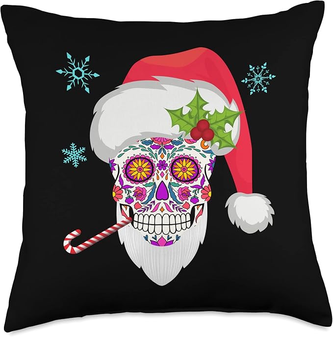 Sugar Skull Santa Funny Christmas Dia De Los Muertos Tee Throw Pillow - sugar skull christmas decorations