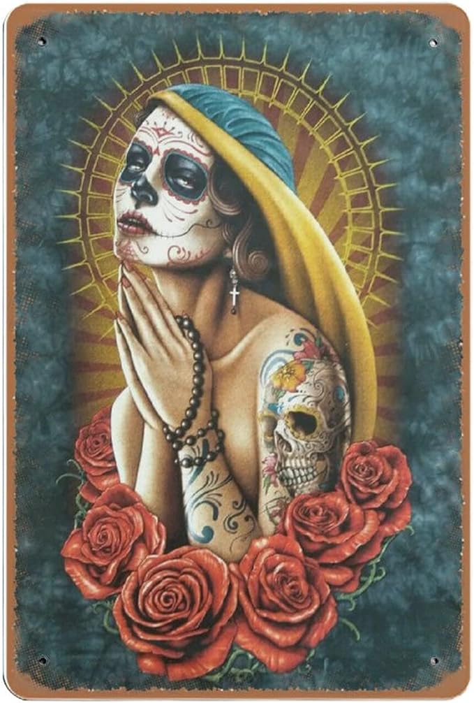 WZVZGZ Vintage Wall Poster Metal Plaque Mexican Day of The Dead Themed Tattoo Lady Festival Art Metal Sign Home Decor Wall Art Decoration for Garage Bar Restaurant Kitchen Cafe Pub 8x12 Inch - sugar skull poster print