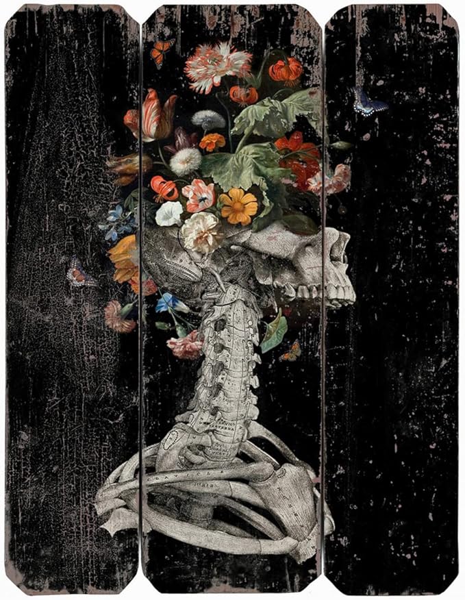 Gothic Wall Art Home Decor Skeleton Picture Floral Sugar Skull Painting H16inch Black Dark Eclectic Wood Prints with Spooky Flower Aesthetic Vintage Style Artwork Plaque for House 1pc - sugar skull poster print