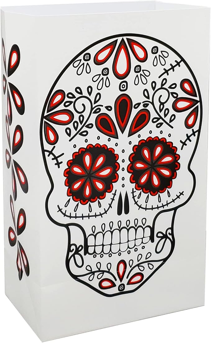 LumaBase Plastic Luminaria Bags, Sugar Skull - Set of 12 - sugar skull christmas decorations