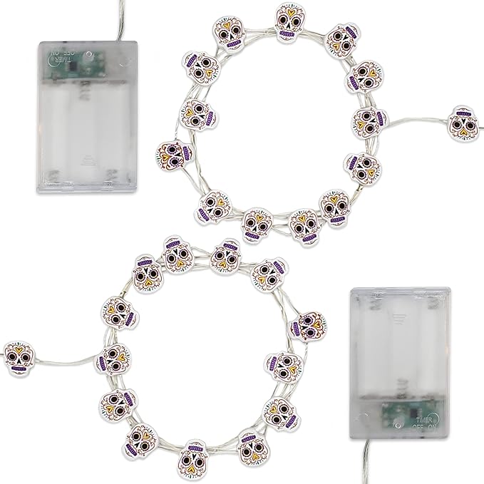 LumaBase Battery Operated LED Fairy String Lights with Sugar Skull Motif - Set of 2 - sugar skull christmas ornament