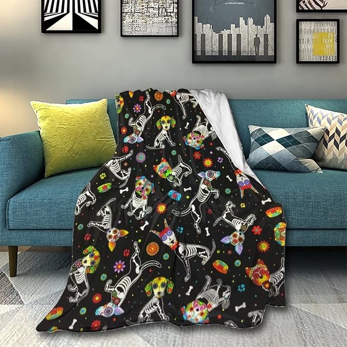 Luxury Fleece Blanket for Men Women, Warm and Fuzzy Blanket Sugar Skull Dog Skeleton Floral for Sofa Couch Car Sleep, Funny Holiday Decoration Blankets, 50x60 Inches - sugar skull throw blanket