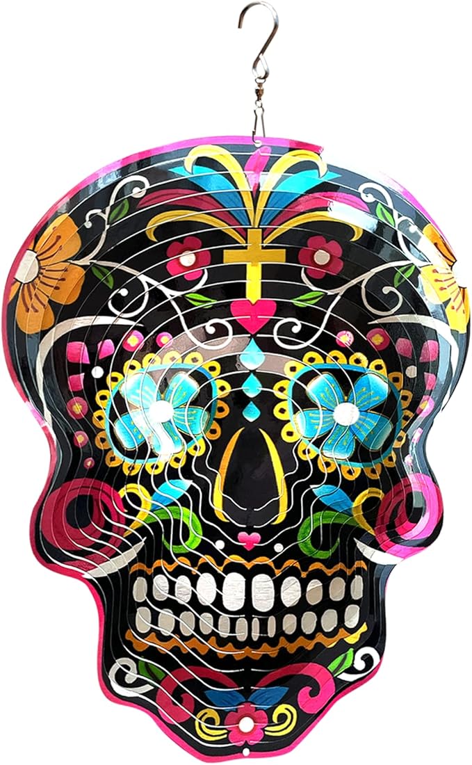 FONMY Kinetic 3D Metal Garden Wind Spinner Unique Gifts Outdoor Decorations Quality Hanging Ornament for Home and Garden 12inch Mandala Black Sugar Skull Wind Spinners - sugar skull table lamp
