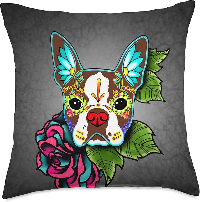 Boston Terrier in Red - Day of the Dead Sugar Skull Dog Throw Pillow - sugar skull throw pillow