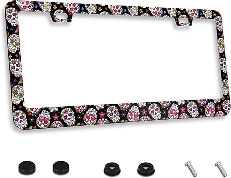 Personalized License Plate Frame Sugar Skull Stainless Steel License Plate Holder Accessory Decorative 2 Holes and Screws Fits US Standard License Plates Size: 12.2 x 6.3 Inches for Men Women - sugar skull car floor mats