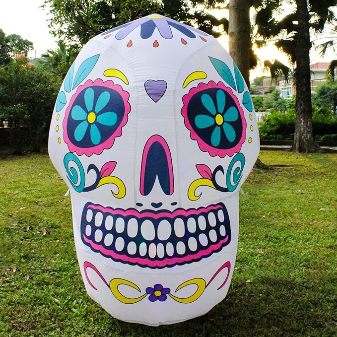 4 Foot Colorful Skull Lighted Halloween Inflatable Sugar Skull LED Lights Decor Outdoor Indoor Holiday Decorations, Blow up Lighted Yard Decor, Giant Lawn Inflatables Home Family Outside - sugar skull wreath for front door