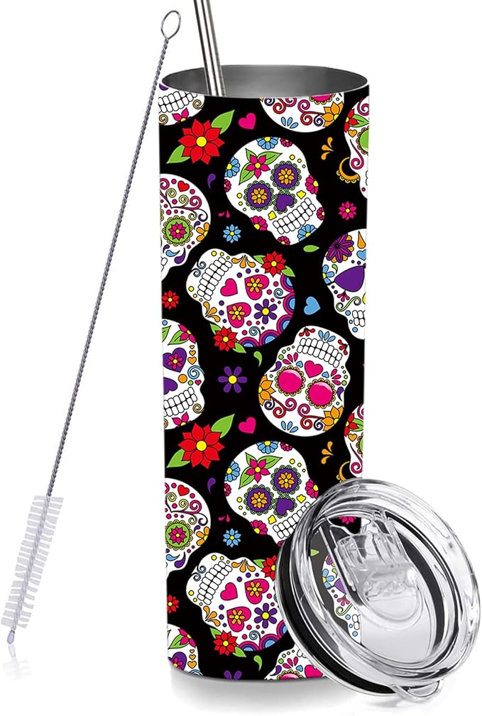 RNFENQS Sugar Skull Skinny Tumblers with Lids and Straws, Stainless Steel Vacuum Insulated Double Wall Travel Tumbler Cups 20 OZ for Men Women - sugar skull handbags for sale
