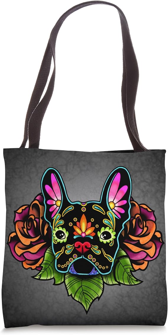 French Bulldog in Black - Day of the Dead Sugar Skull Dog Tote Bag - canvas sugar skull tote bag