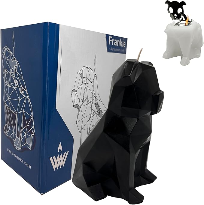 | Frankie Small Dog Skeleton Candle | Melt to Reveal Internal Steel Frame | Burns Over 20 Hours! | Perfect for Home or Office Décor (Unscented, Black) - sugar skull candle holder