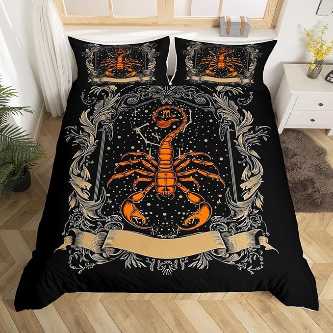 Exotic Scorpion Comforter Cover Ethnic Tribe Sugar Skull Bedding Set,Retro Scorpion Tattoo Animal Duvet Cover Reptile Scorpius Constellation Bed Sets Twin Size Zodiac Scorpio Gifts for Men - sugar skull bedding set
