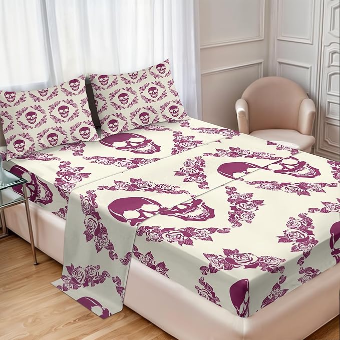 Ambesonne Sugar Skull Sheet Set, Monochrome Style Calavera Inspired Surround by Circular Floral Wreath Print, Fitted and Flat Sheet with Pillowcases Bedding Accent 4 Piece Set, Calking, Fuchsia Cream - sugar skull wreath for front door