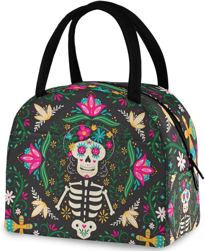 Day Of The Dead Mexico Sugar Skull Maracas Lunch Tote Bag with Front Pocket Reusable Insulated Thermal Zipper Closure Cooler Container Bag for School Work Picnic Travel Fishing Beach - canvas sugar skull tote bag