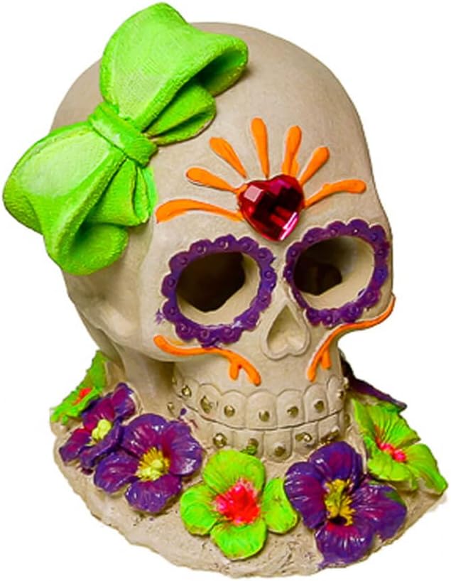 Blue Ribbon Exotic Environments Sugar Skull Aquarium Ornament | Measures 3.75" X 3.25" X 4" - sugar skull christmas ornament
