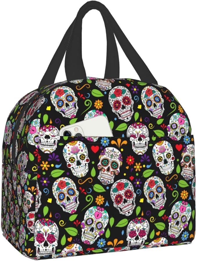 Sugar Skull Lunch Bag For Women Men Insulated Lunch Box Washable Cooler Tote Bag Reusable Lunch Bags For Office Work Picnic Beach - canvas sugar skull tote bag