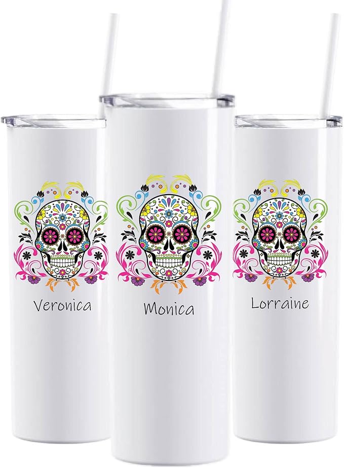 AVITO Sugar Skull Tumbler, Día de Los Muertos Cup, Day of the Dead Gifts, Día de los Muertos Tumbler (20 oz Skinny) - sugar skull tumbler with straw