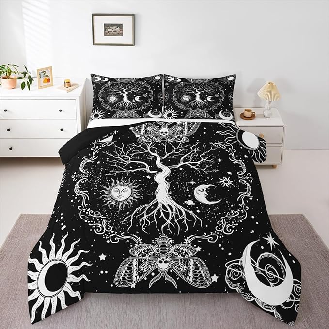 Erosebridal Sun and Moon Comforter Set Full, Tree of Life Bedding Sets 3Pcs Gothic Moth Duvet Sets Sugar Skull Quilt Trippy Glitter Stars Duvet Insert, Bohemian Constellations Bedroom Decor All-Season - sugar skull bedding set