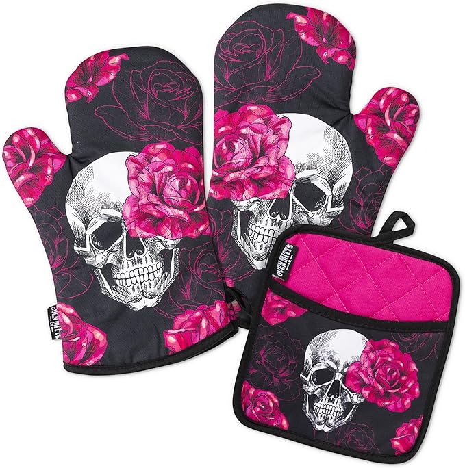 Skull Rose Pink, Oven Mitts and Pot Holder 3pcs Set, Insulated, 100% Cotton, Set - sugar skull oven mitts