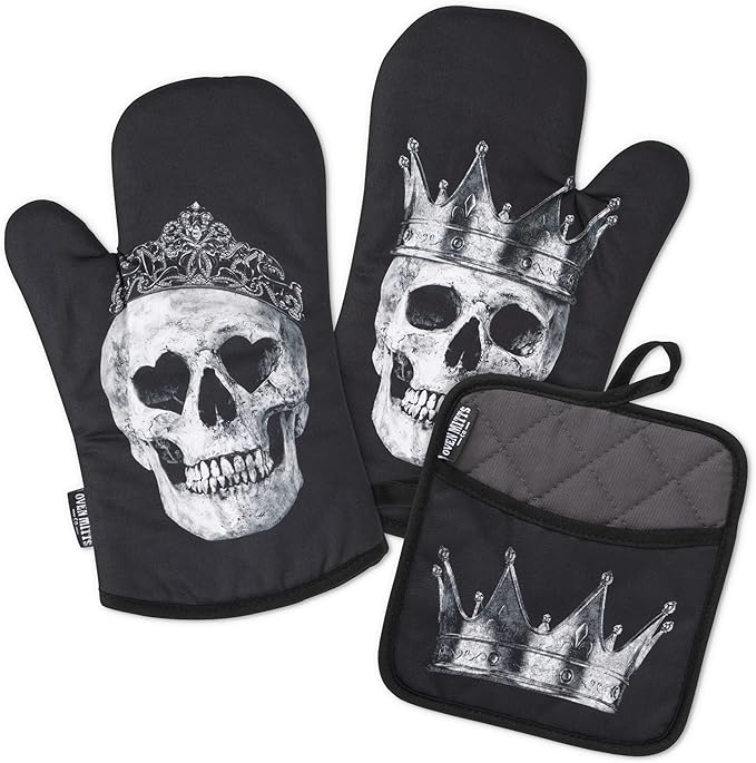 King and Queen Skull Black, Oven Mitts and Pot Holder 3pcs Set, Insulated, 100% Cotton, Cool Gothic Gift Set - sugar skull oven mitts