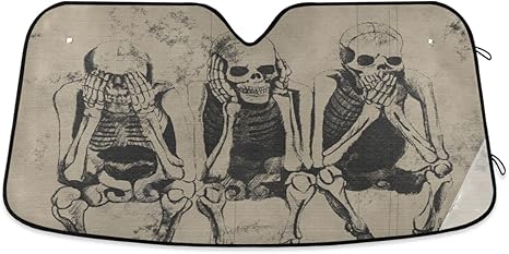 Windshield Sun Shade Shabby Skull Three Monkey Ram Front Window Block UV Shades Visor Reflective Retractable for Car SUV Trucks - sugar skull car sunshade for windshield