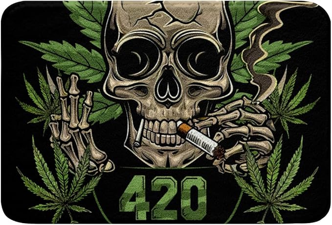 Marijuana Leaves Rugs for Bedroom Sugar Skull Bath Mat,Kids Cannabis Leaves Weed Bathroom Rug,Skeleton Bones Door Mats Indoor, Plush Carpet for Shower and Bath Room Floor Mats,Black Green 16"X24" - sugar skull area rug