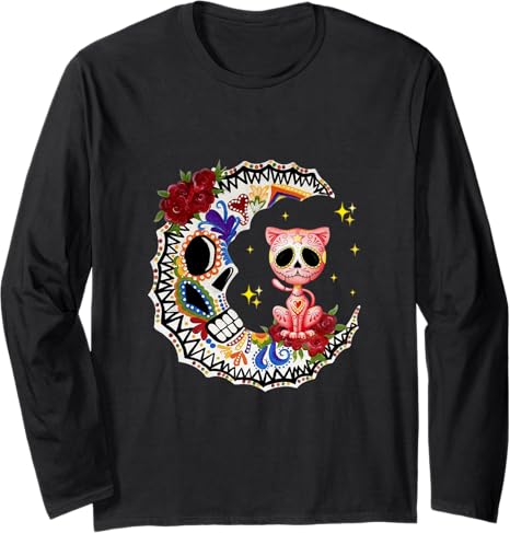 Halloween Sugar Skull Cat and Moon - sugar skull long sleeve shirt mens
