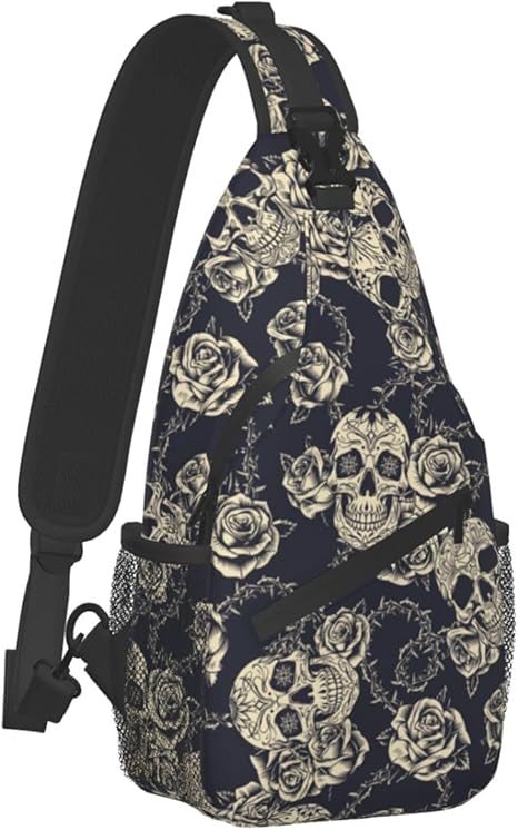 Skull Rose Sling Bag Crossbody Travel Hiking Chest Backpack Shoulder Daypack for Women Men - best sugar skull backpack