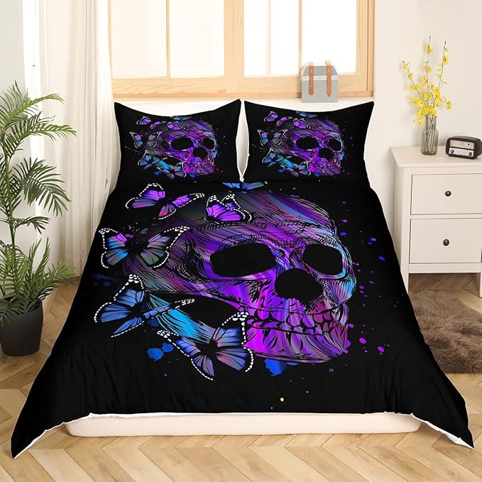 Purple Butterfly Skull Duvet Cover Goth Sugar Skull Halloween Bedding Set Queen For Girls Teens Women,Retro Gothic Butterflies Skeleton Comforter Cover Psychedelic Bedspread Cover Zipper 3 Pcs - sugar skull bedding set
