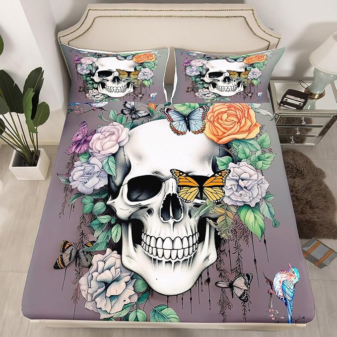 Erosebridal Rose Skull Fitted Sheet Full,Goth Bird Butterfly Bed Sheets Retro Gothic Sugar Skull Bedding Set for Girls Teens Women Men,Black White Sketch Skeleton Bedding Sets Vintage Green 3 Pcs - sugar skull bedding set