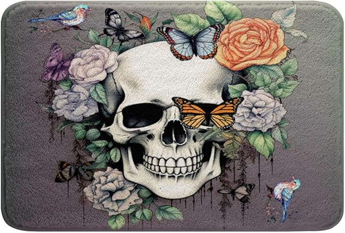 Erosebridal Rose Skull Bath Mat Non Slip 16"X24",Bird Butterfly Bathrooom Rug Retro Gothic Sugar Skull Door Mat for Home Bedroom,Black White Sketch Skeleton Area Rug Fleece Carpet Vintage Green - sugar skull area rug