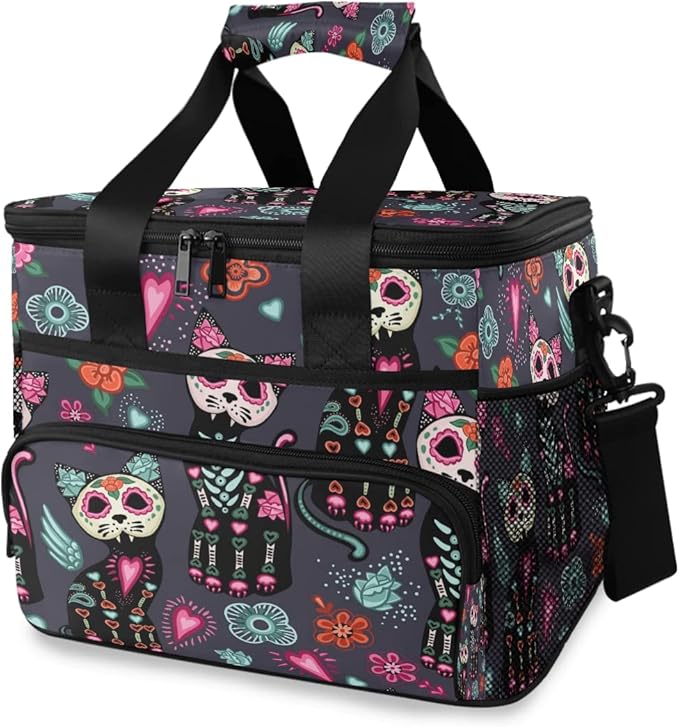 AUUXVA Insulated Cooler Lunch Bag Flower Cat Sugar Skull Lunch Box Leakproof Large Tote Bag Reusable for Women Men Picnic Travel (15L) - canvas sugar skull tote bag