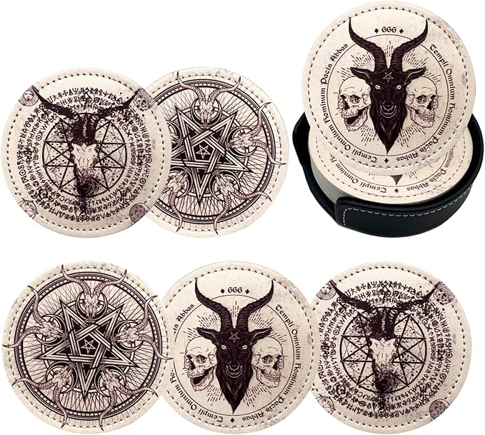 Satan Goat Skull Coasters for Drinks with Holder Leather Coasters Set of 6 for Coffee Table - sugar skull coasters set