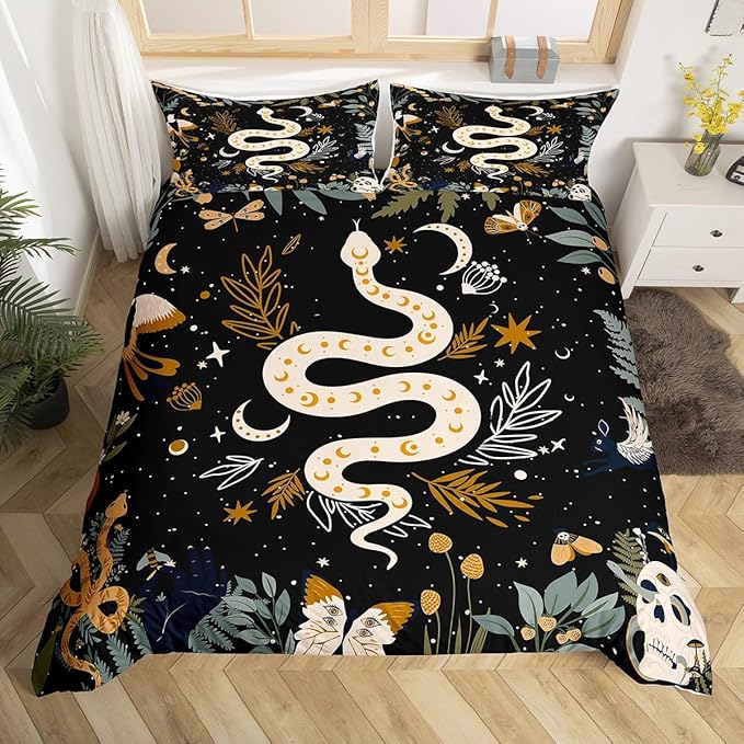Erosebridal Snake Comforter Cover Sun and Moon Bedding Sets Moth Sugar Skull Duvet Cover Set for Kids Boys Girls Galaxy Starry Sky Butterfly Animal Bedspreads Cover with 1 Pillow Case Twin Size Black - sugar skull bedding set