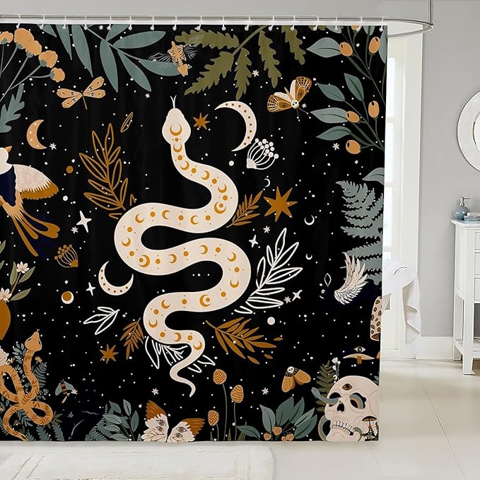 Snake Shower Curtain Sun And Moon Bath Curtain Moth Sugar Skull Bathroom Sets For Kids Boys Girls Galaxy Starry Sky Butterfly Animal Fabric Curtains Sets Waterproof 72"W x 72"L Black with 12 Hooks - sugar skull shower curtain set