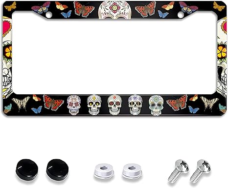 Sugar Skull Butterfly License Plate Frames for Car Decorative Aluminum Car Tag with 2 Holes and Screws Caps,Car Plate Frame for US Canada Vehicles Standard Gifts for Women Men 12''x6'' - sugar skull plates set