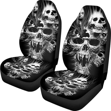 Dellukee Auto Front Car Seat Covers Seats 2 PCS Skull Print Universal Bucket Interior Accessories Decoration fits Most Cars, SUVs, Trucks, and Vans - sugar skull car seat covers set