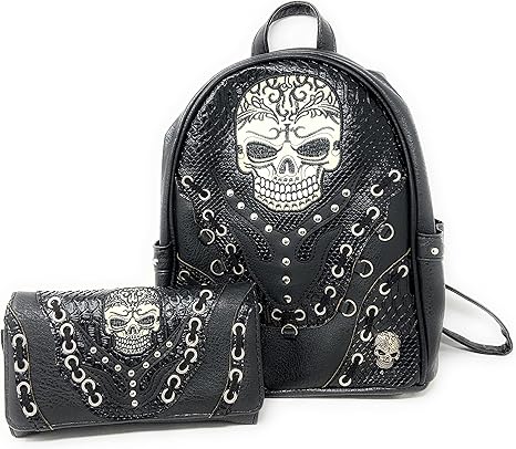 Large Sugar Skull Day of the Dead Daypack Concealed Carry Backpack Women Travel Biker Purse Wallet Set (Beige) - best sugar skull backpack