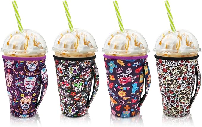 4Pack Reusable Iced Coffee Sleeve Insulator Sleeves for Cold Drinks Beverages, Neoprene Cup Holder for Most Coffee, Fits 30-32oz Large Cups (Sugar Skull with handle) - sugar skull wine glass