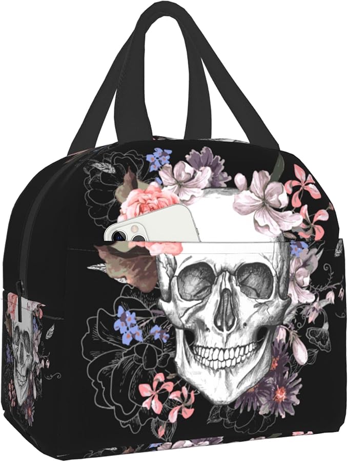 Sugar Skull Lunch Bag Insulated Floral Skull Lunch Box Gift Women Men Cooler Teto Bags for Work Office - canvas sugar skull tote bag
