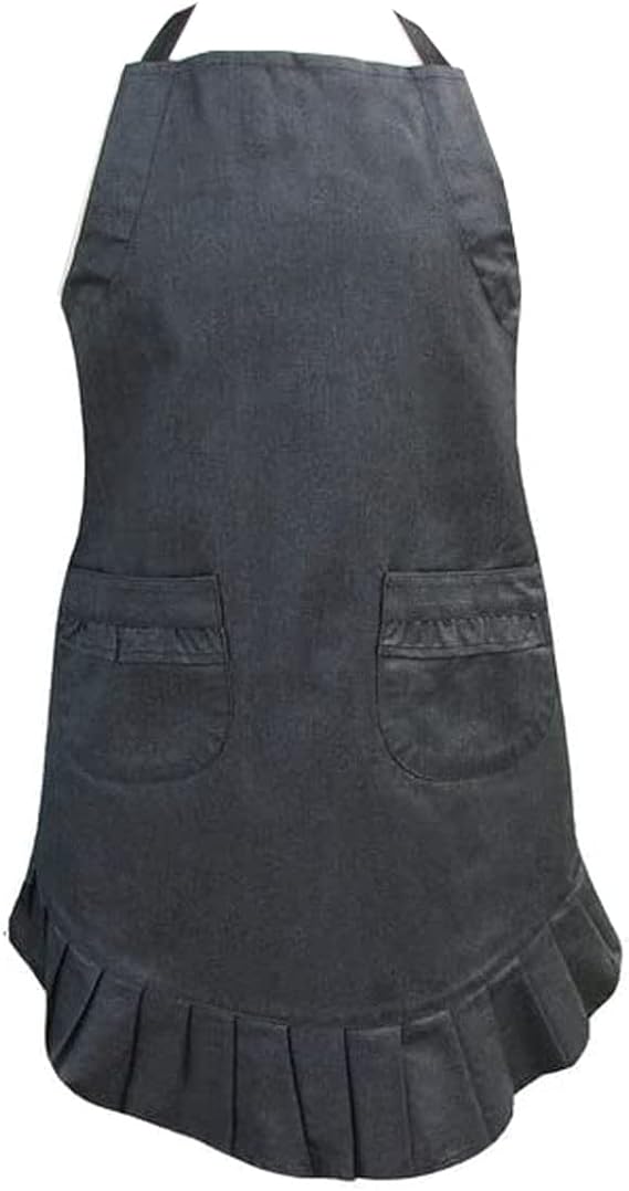 Two Lumps of Sugar Black Denim Ruffle Apron, 30-inch Length, Cooking, Baking, Grilling, 100% cotton, Exclusive Stain and Water Repellent - sugar skull apron for women