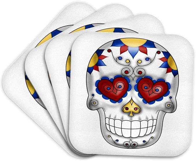 Set of 4 Coasters - Soft - Red, Yellow, Blue and White Sugar Skull Illustration Cute Illustrations - sugar skull coasters set