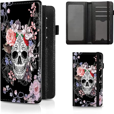 Checkbook Cover Sugar Skull Pattern Premium Leather Check Book Holder Wallet with RFID Blocking Function for Men and Women - sugar skull wallets for women