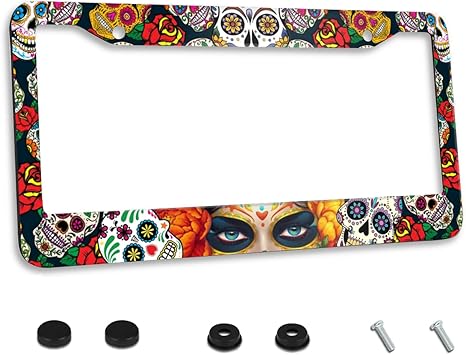 Sugar Skull Girl Flowers License Plate Frame Stainless Steel Car Accessories Personalized License Plate Fits Standard U.S. Vehicles Size: 12.2 x 6 Inches for Men Women - sugar skull car floor mats