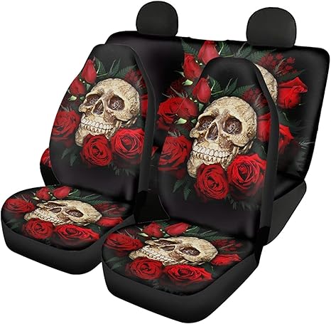 Skull with Red Rose Print Car Seat Covers Stretchy Set of 4 Auto Interior Seats Cushion - sugar skull car seat covers set